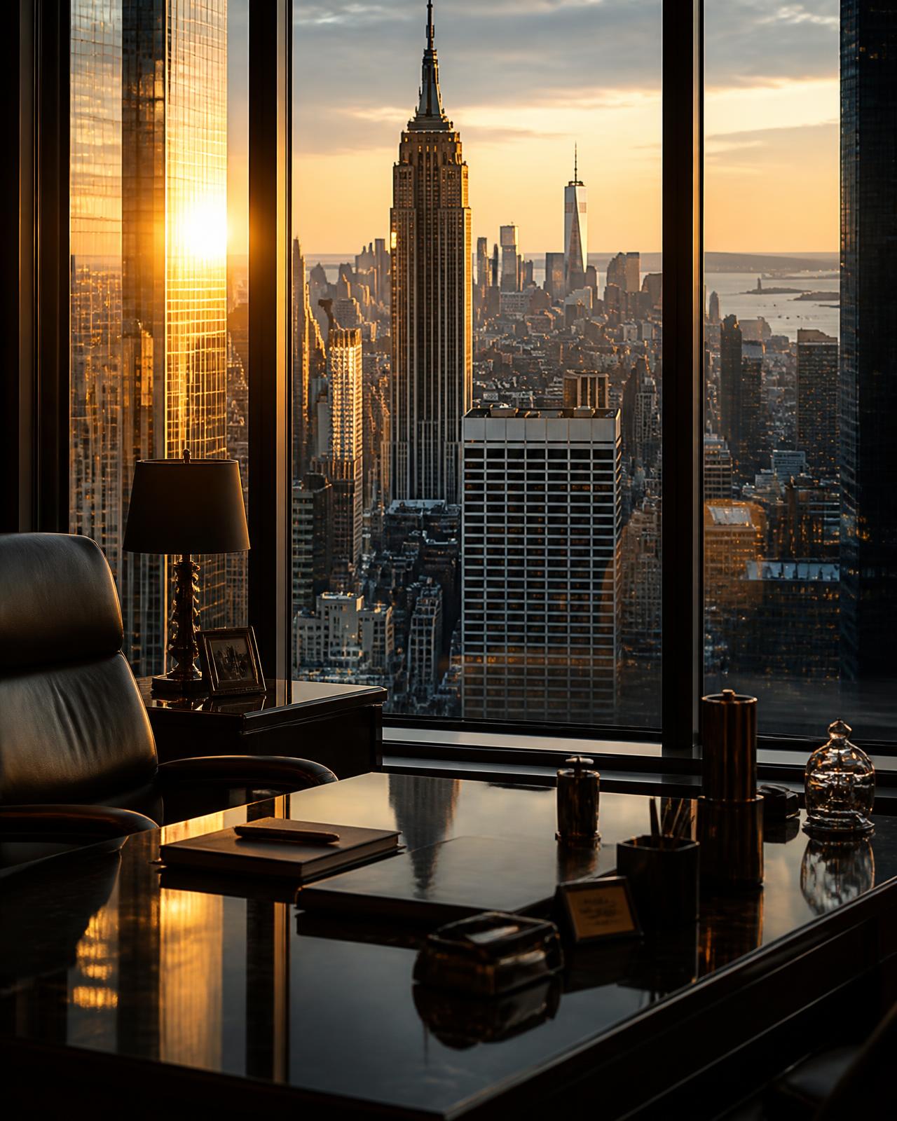 Vista do skyline de Nova York a partir de um escritório executivo ao entardecer
