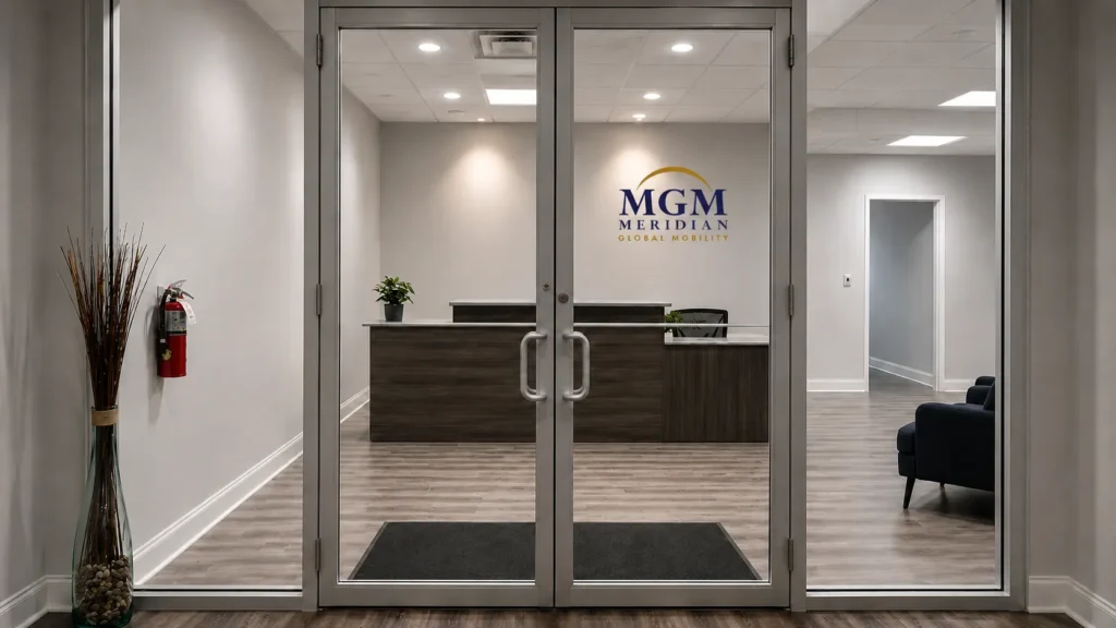 MGM headquarters entrance: glass doors looking into the reception area