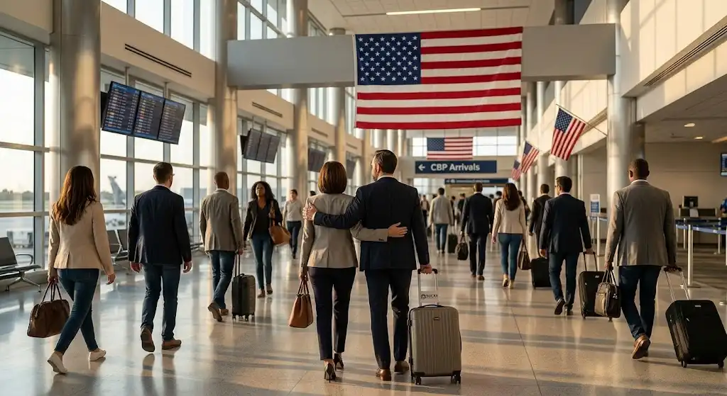 Casal caminhando com bagagens e pastas de documentação em saguão de aeroporto nos Estados Unidos.